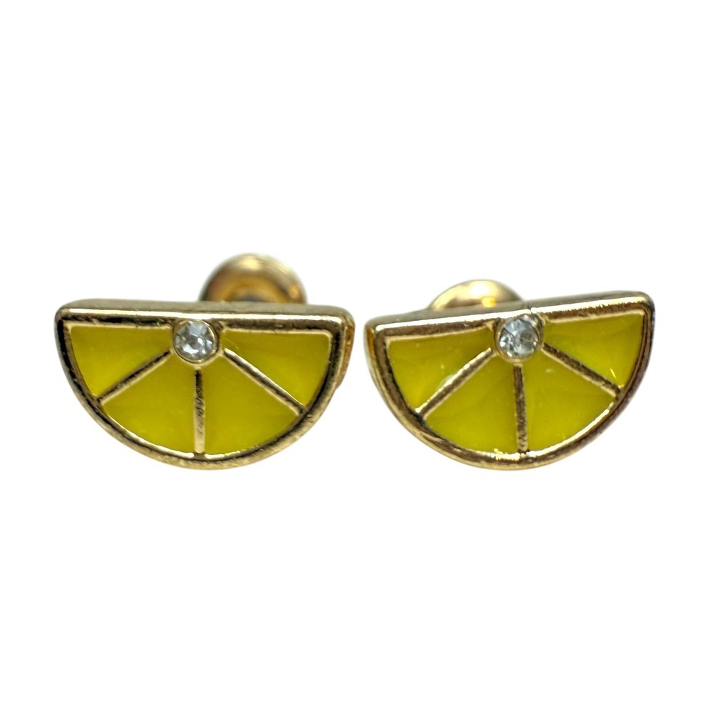 Lemon Slice Gold Tone Rhinestone Stud Earrings Yellow Enamel Fruit Jewelry 3.8in